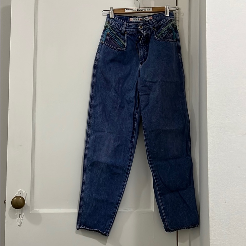 Blue Denim Jeans with Green Accents